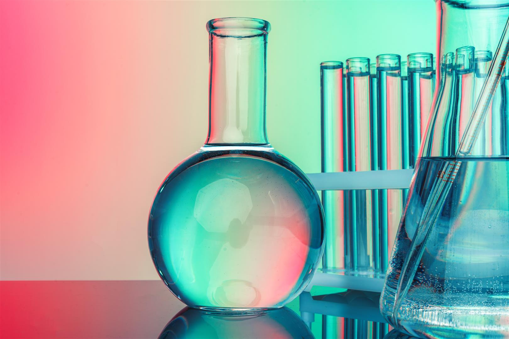 Research and development concept. Double exposure image of microbiology and chemistry in laboratory for medicine study.